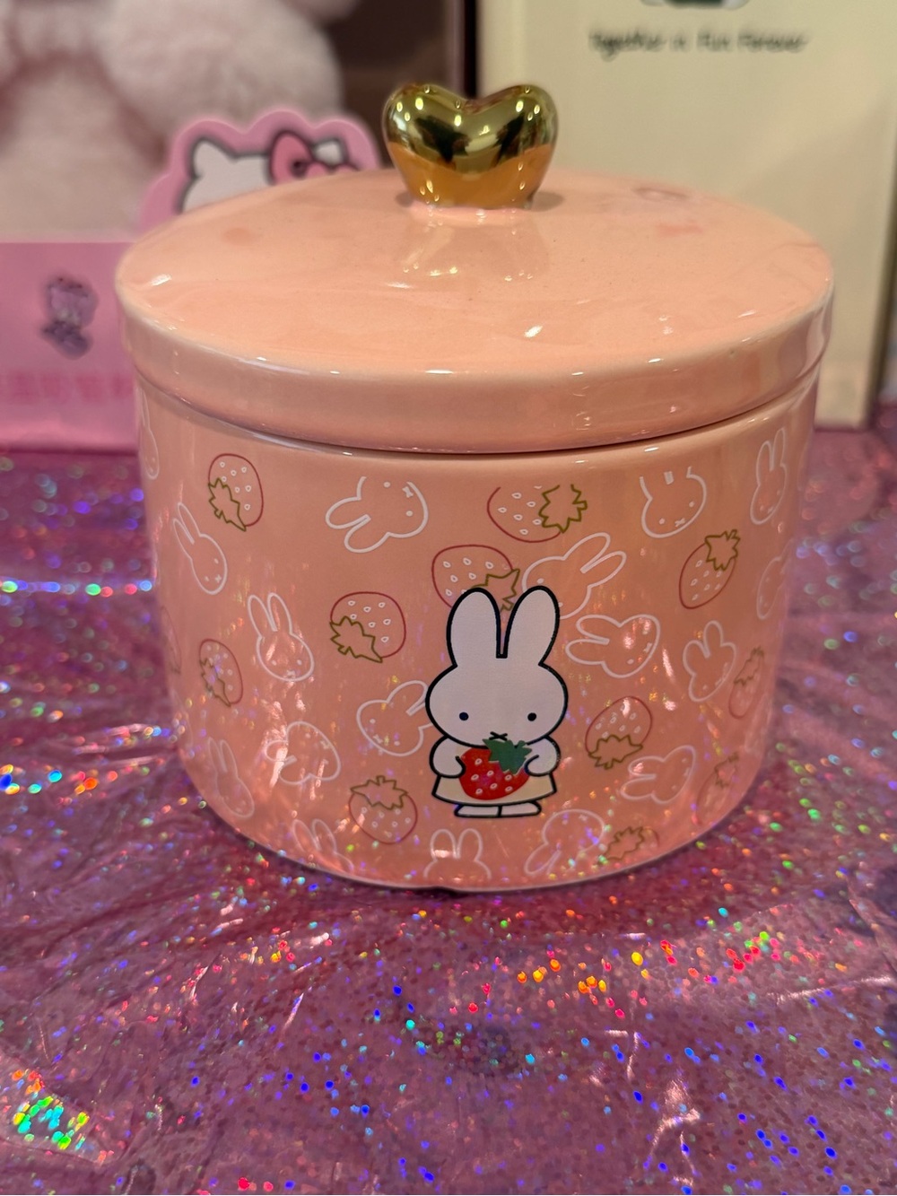 Miffy Strawberry Ceramic Canister Jar with Gold Heart Lid | Cute Kawaii Storage
